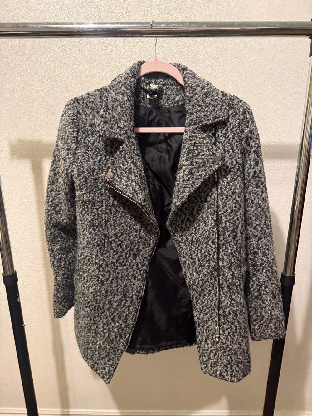 Gray Bouclé Moto-Style Women's Coat